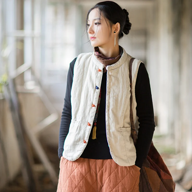 Retro Women's Padded Vest Jacket Autumn Winter Warm Loose China Style Top Sweater Padded Coat for Fashionable Outerwear