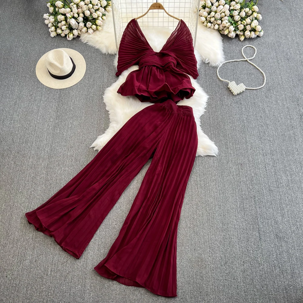 Pant Set Women Two Piece Sets V Neck Ruffles Bat Sleeve Short Tops Wide Leg Long Pants Elastic Waist Y2k Streetwear Elegant