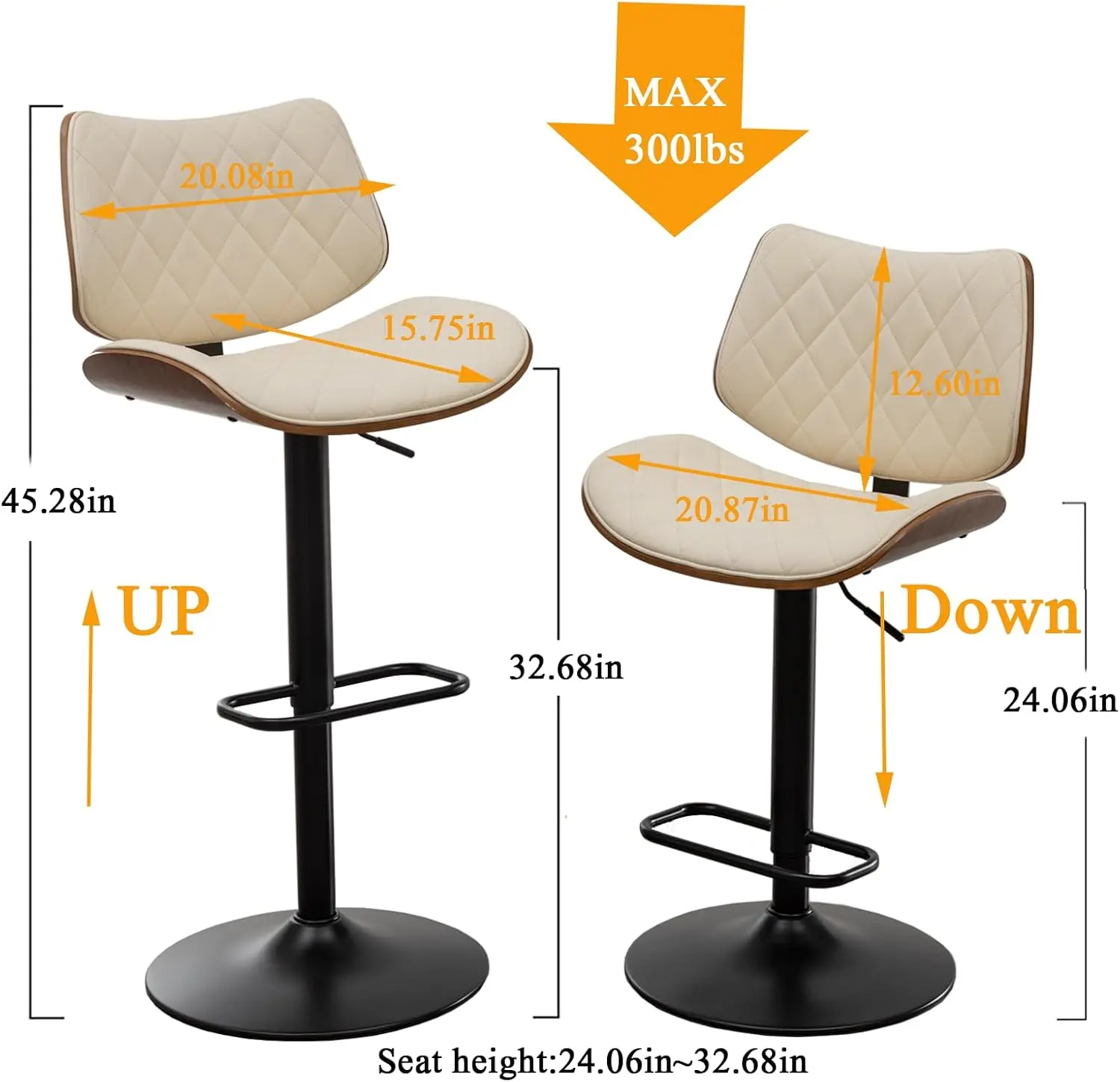 Bar Stools Set of 2 Mid Century Modern Adjustable Counter Height Black Leather Upholstered 360°Swivel Bar Chairs for Kitchen Isl view 2