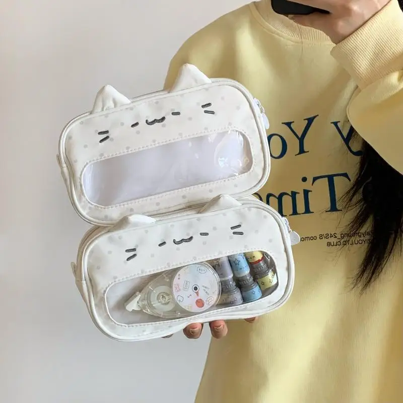 Clear Window Wave Point Kitten Pencil Pouch for Convenient Stationery Storage