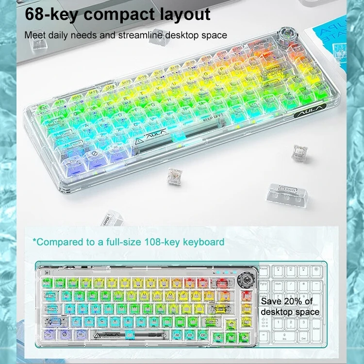 New Arrival AULA F68 60% Compact Transparent Wireless Mechanical Keyboard RGB Backlit Wireless Wired Gaming Keyboard for Laptop