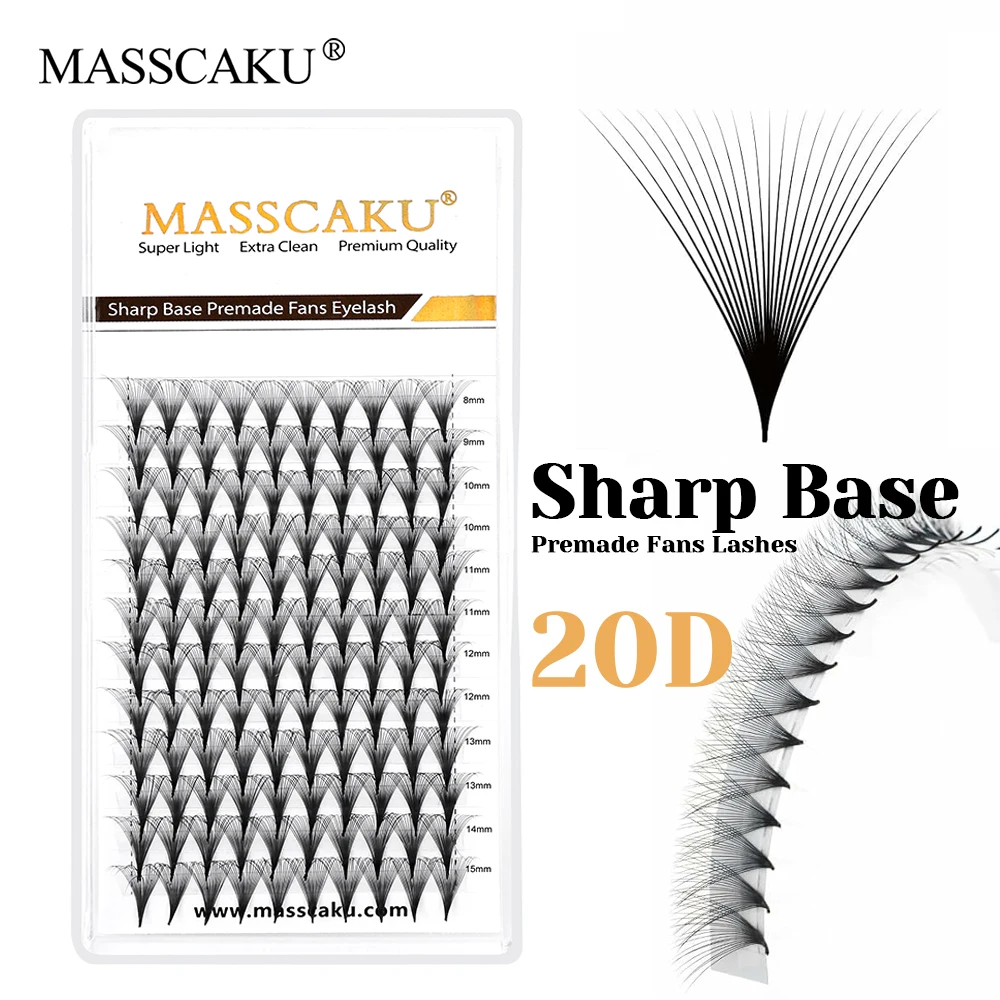 MASSCAKU New Style Premium Velvet Fiber Premade Fans Lash 0.07mm Thickness 12D Narrow Root Thin Stem Eyelash without Scattering