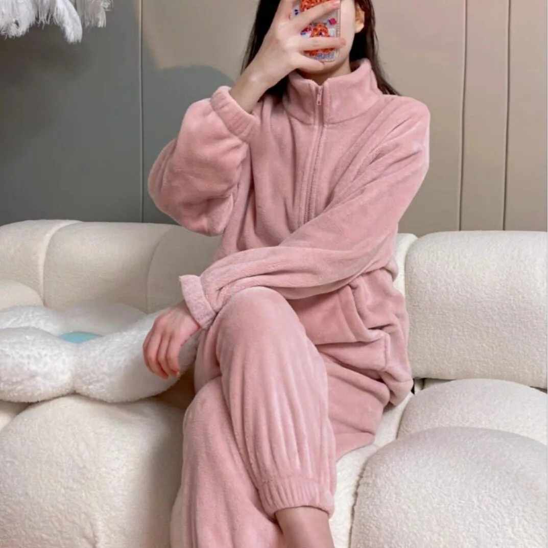 Women Thicken Velvet Ribbed Fleece Warm 2 Piece Solid Winter Warm Pullover And Pants Zip Suit Pajama Sets Can Be Worn Externally