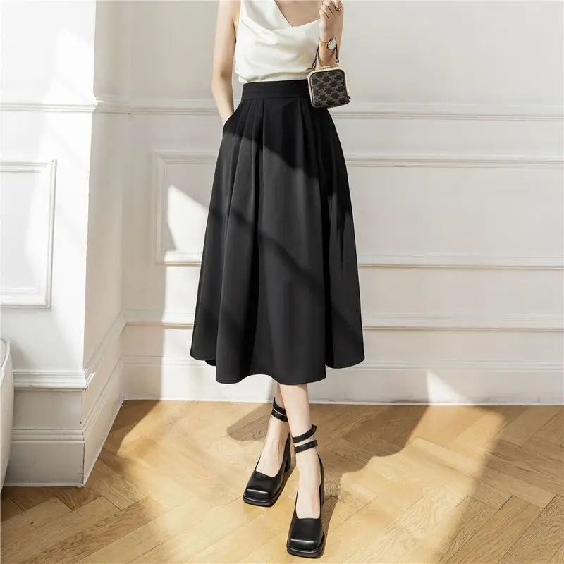 Streetwear Temperament Pleated Office Lady Knee-length Solid Pockets Spring Summer Thin Casual High Waist Loose Women's Clothing