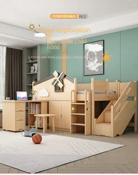 Full Solid Wood Wardrobe, Desk, Multifunctional Combination, Semi Elevated Bed with Guardrail for Storage, Children's Bed