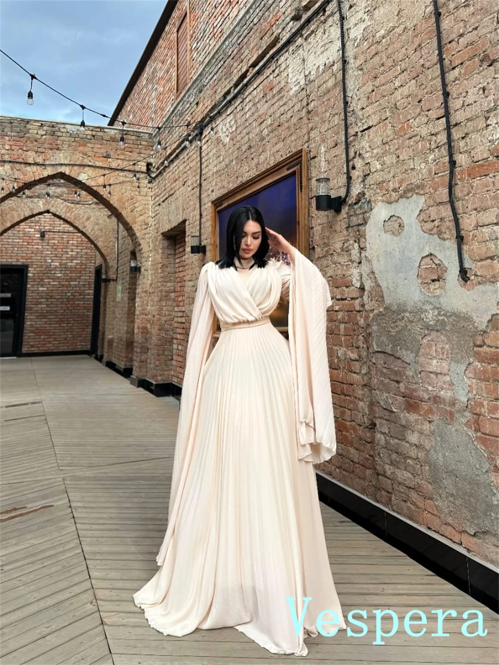 Aangepaste romantische chiffon avondjurk prachtige v-hals lange mouwen celebrity jassen mode sweep trein vestido de festa