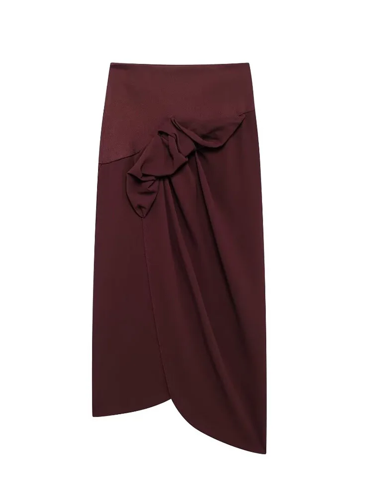 Willshela Women Fashion With Bow Wine Red Pleated Side Zipper Midi Skirt Vintage High Waist Asymmetrical Female Chic Lady Skirts