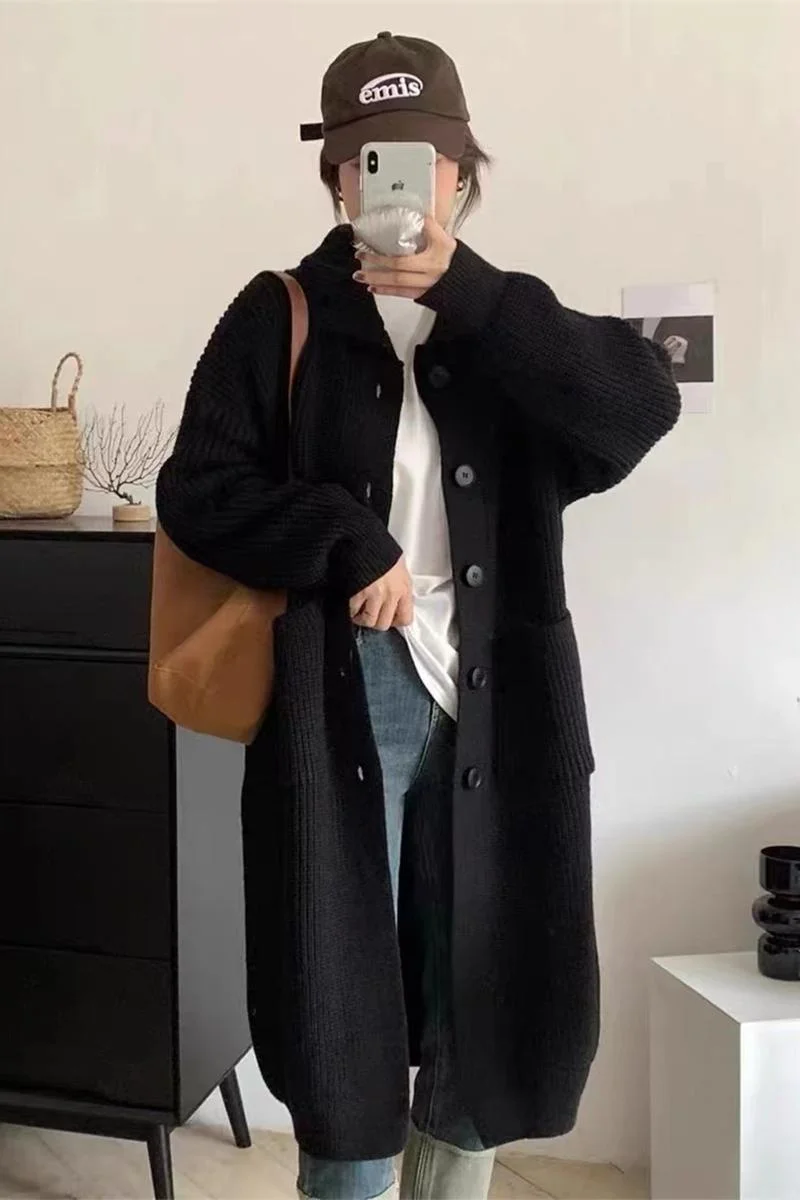 

Mid-Long Cardigans Girls Womens Winter Drawstring Slimming Crew-Neck Textured Modal Solid Button-Decorated Cozy Fabric Closure