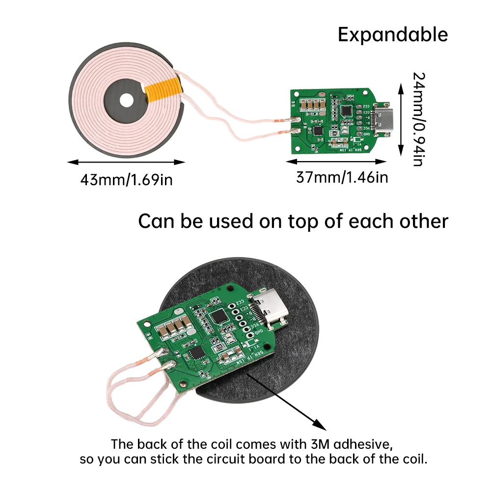 Transmisor de carga inalámbrico de alta potencia de 15W, módulo Universal, interfaz tipo C de entrada DC5V/9V/12V