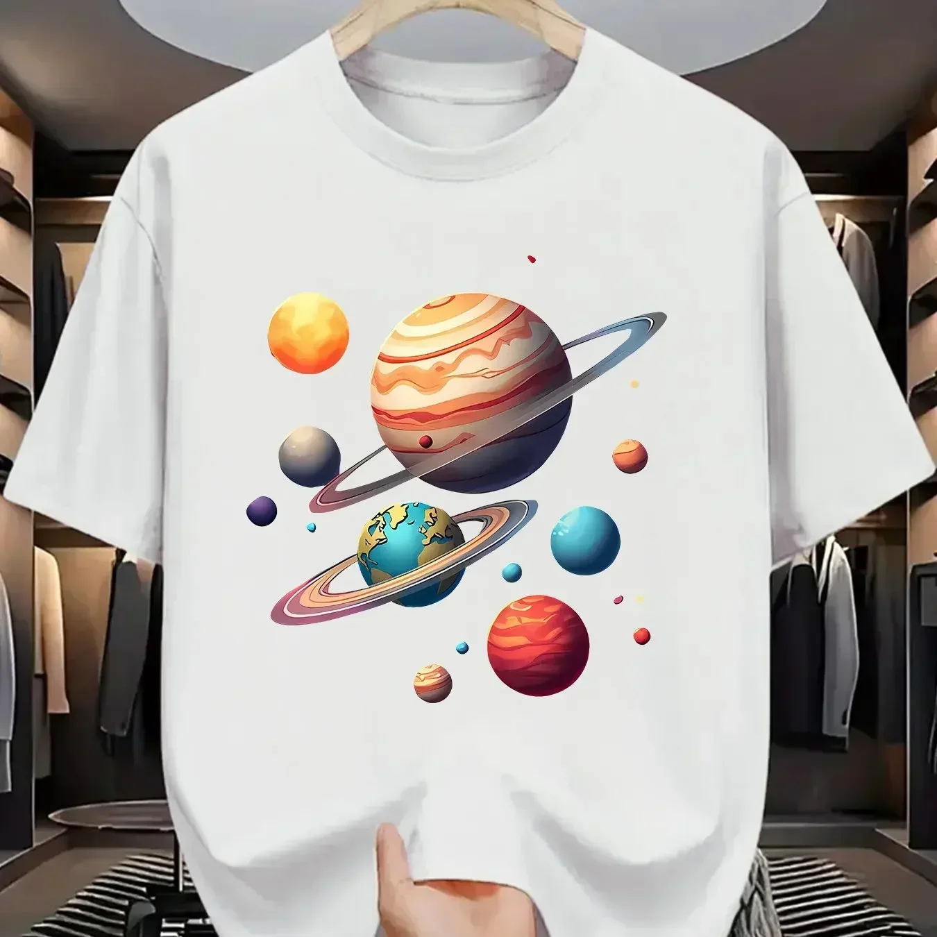Men Solar System Planet Print T-Shirt Soft StretchCasual Round Neck Tee Breathable Summer Shirt with Vibrant Space Design