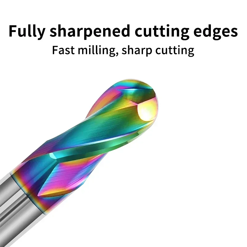 HILIXUN 2 Flute HRC55 Ball Nose End Mill Tungsten Carbide Cutter CNC Router Bit Milling Tool Color Coating Ball End Milling