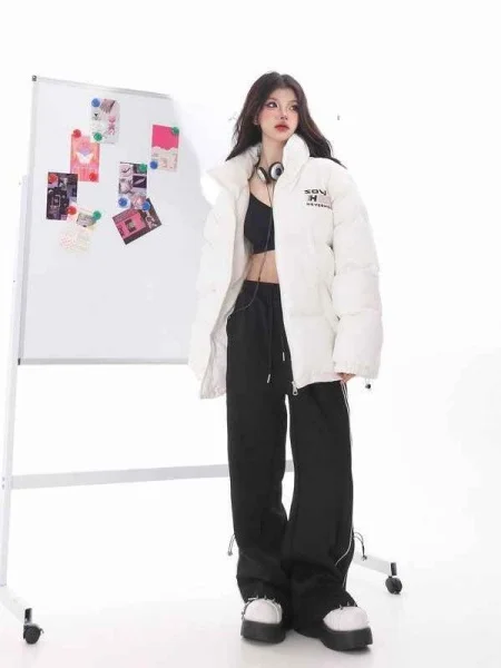 

plus Size Women's Thiened Warm Cotton Jaet Bread Sle Casual American Design Letter Print Loose Fit Slimming Outerwear