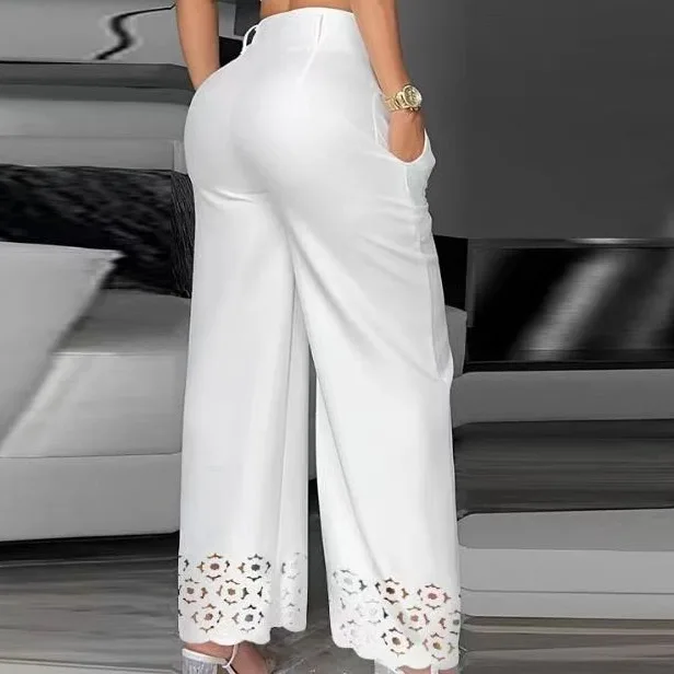 2 Piece Sets Womens Outifits Casual V-Neck Cami Crop Tops & White Fashion Hollow Out Wide Leg High Waist Pants Suits Female