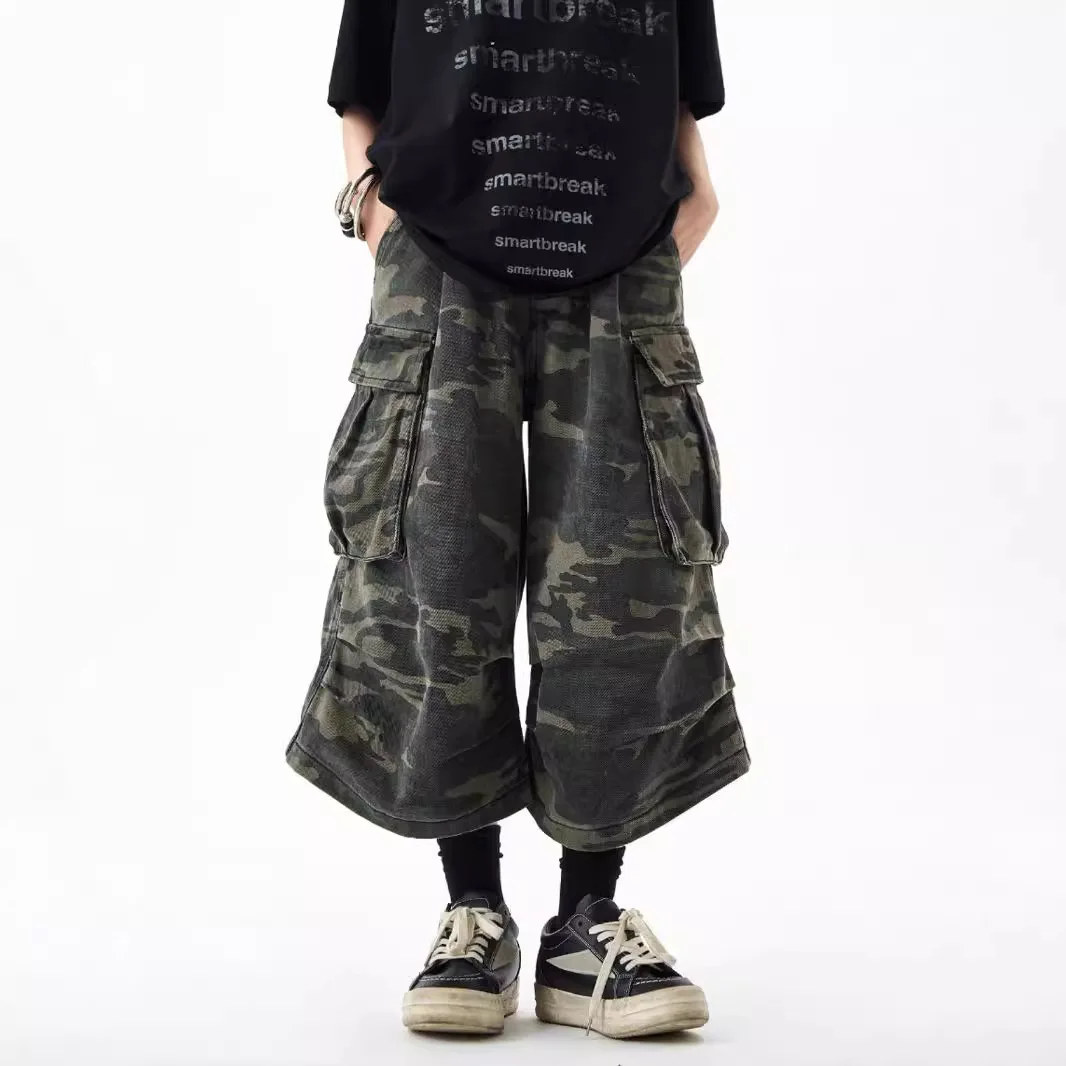 American retro camouflage tooling shorts summer loose big pocket casual wide-leg cropped pants straight-leg pants