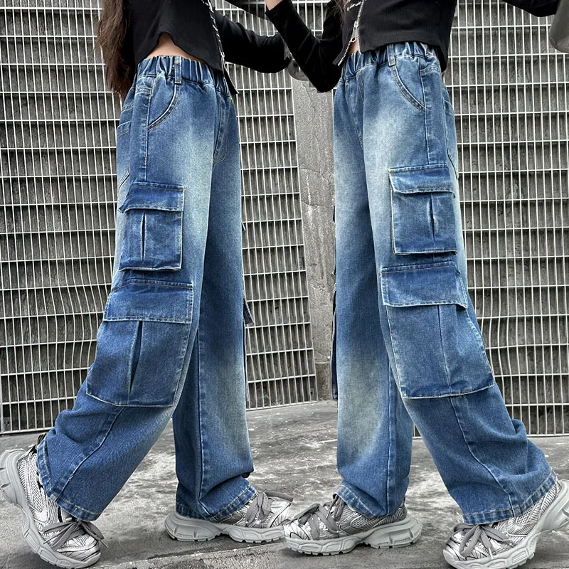 

New Arrival Children Loose Straight Cargo Jeans with Multi Pockets for Teens Girls Fashion Casual Blue Denim Pants Kids Age 5-14
