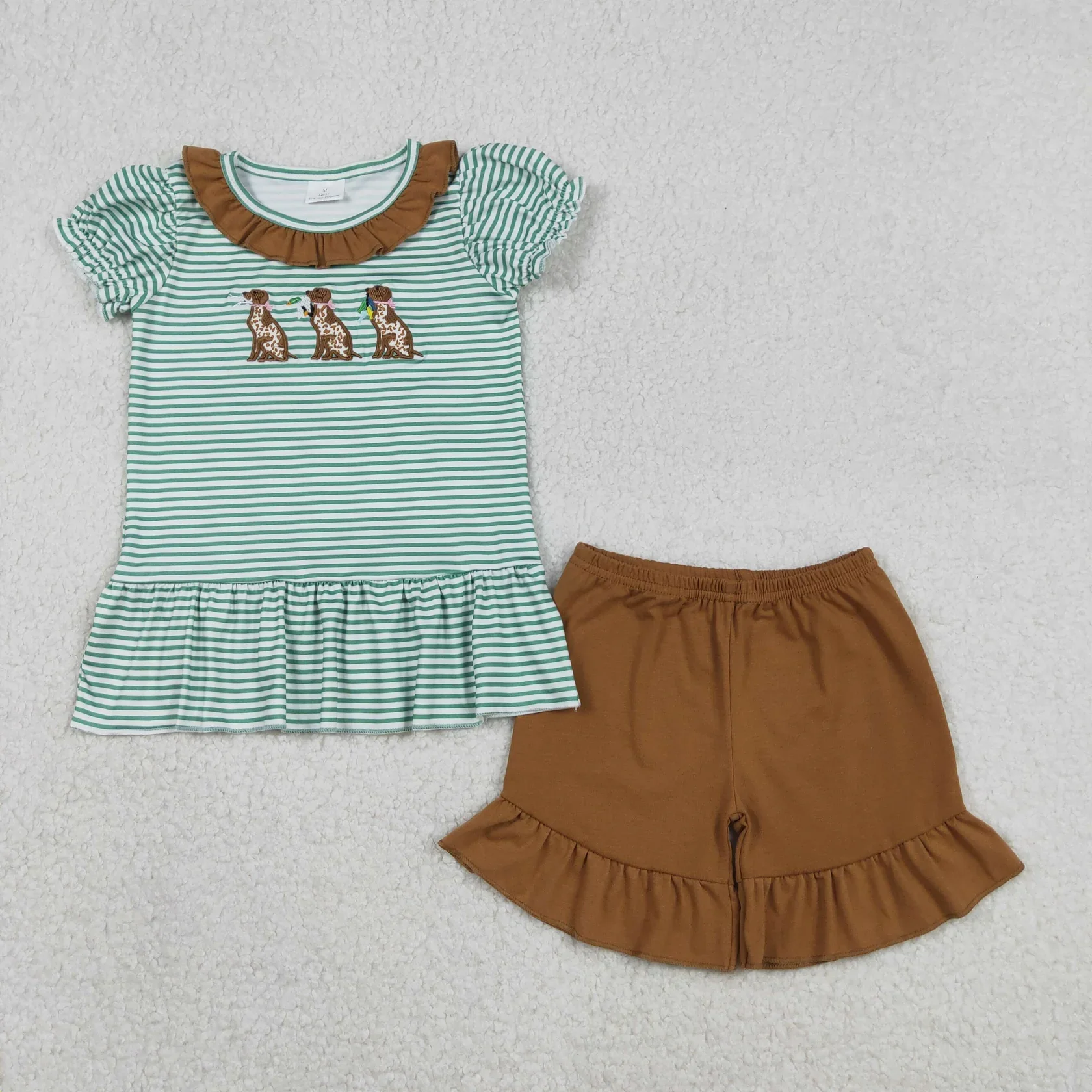 Wholesale Kids Baby Girl Toddler Short Sleeve Embroidery Dogs Ducks Stripes Shirt Children Set Girls Ruffle Shorts Summer Outfit