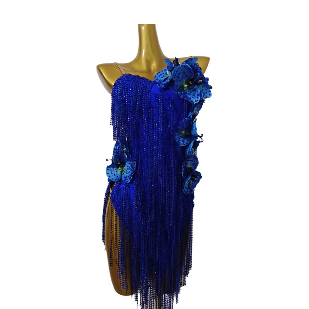 Traje de dança latina, strass, vestido estilo azul personalizado de alta qualidade para mulheres, adultos e crianças, vestido de performance de samba