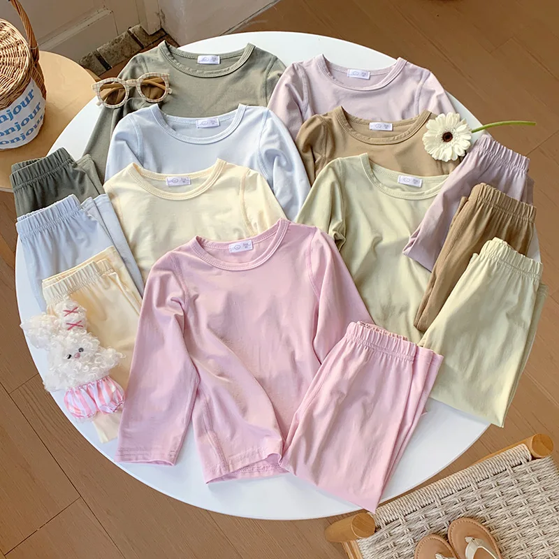 2-10T Toddler Kid Baby Boy Girl 2pcs Clothes Set Infant Girl Pajamas Set Long Sleeve Top Pant Suit Casual Plain PJ Homewear