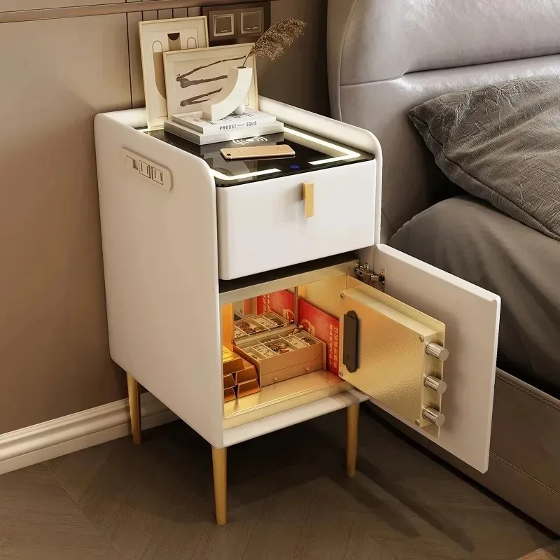 Small Smart Bedside Table with Safe, Light Luxury Mini Bedside Cabinet with Wireless Charging, Bedroom Storage Cabinet