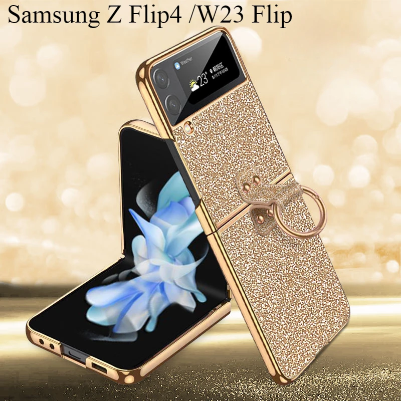 

Блестящий чехол для Samsung Z Flip4 W23, флип-кольцо, полная защита, роскошная задняя крышка с гальваническим покрытием для Samsung Z Flip4 W23 Flip