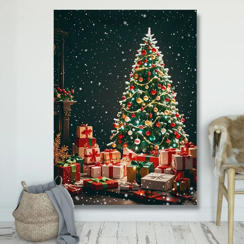 VIKAMA Wall Tapestry Christmas Red Room Ornament Tree Gifts Wreath Window Wall Hanging Dorm Room Aesthetic Xmas Wall Art