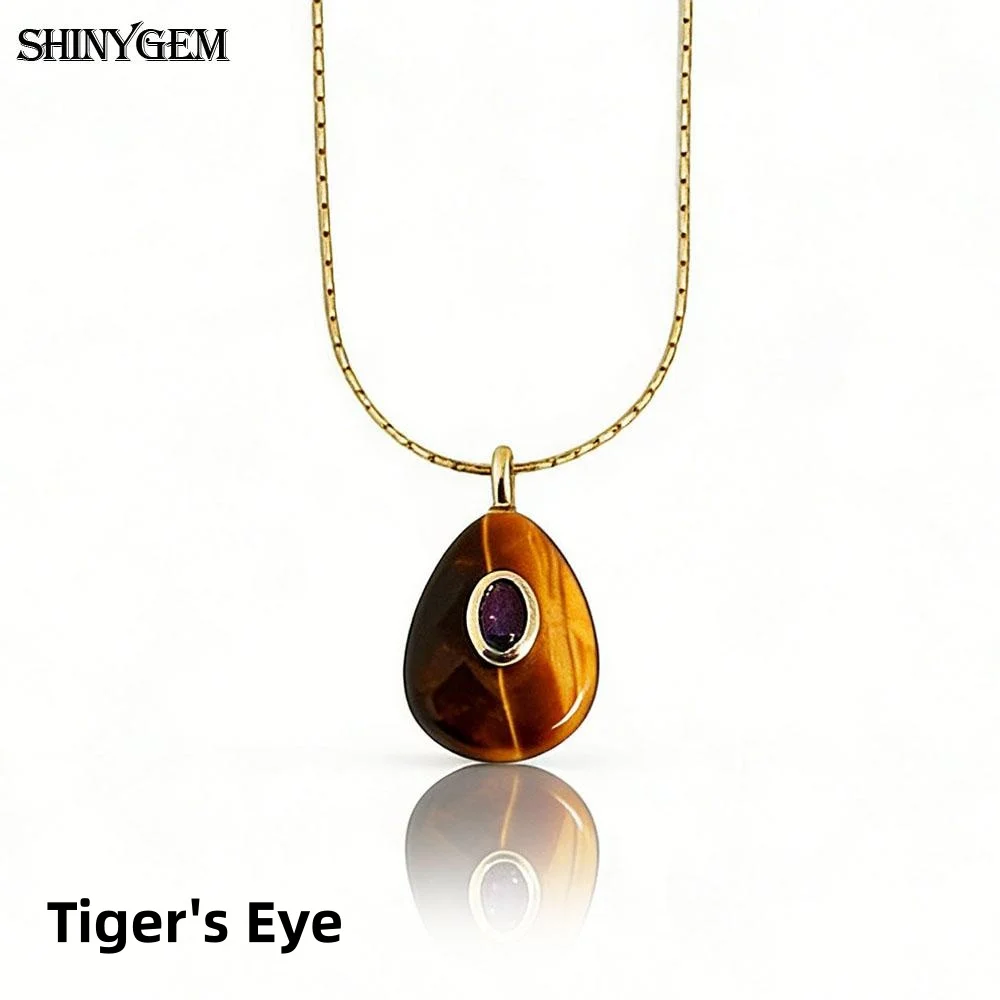 

SHINYGEM Natural Stone Lapis Lazuli Obsidian Rose Quartz Crystal Pendant Necklace for Women Jewelry Tiger's Eye Charm Necklace