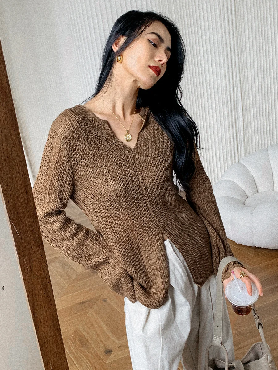 Early Spring Design Feeling Small Vneck Split Lazy Hook Weaving Long Sleeve Loose Knitted Shirt Top for Women