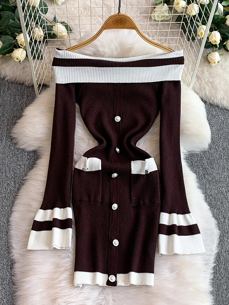 Vrouwen Jurken Color Blocking Uitlopende Mouw Schimmel Side Slash Hals Herfst Winter Parel Knop Slim Fit Tube Mini Vestidos DS233