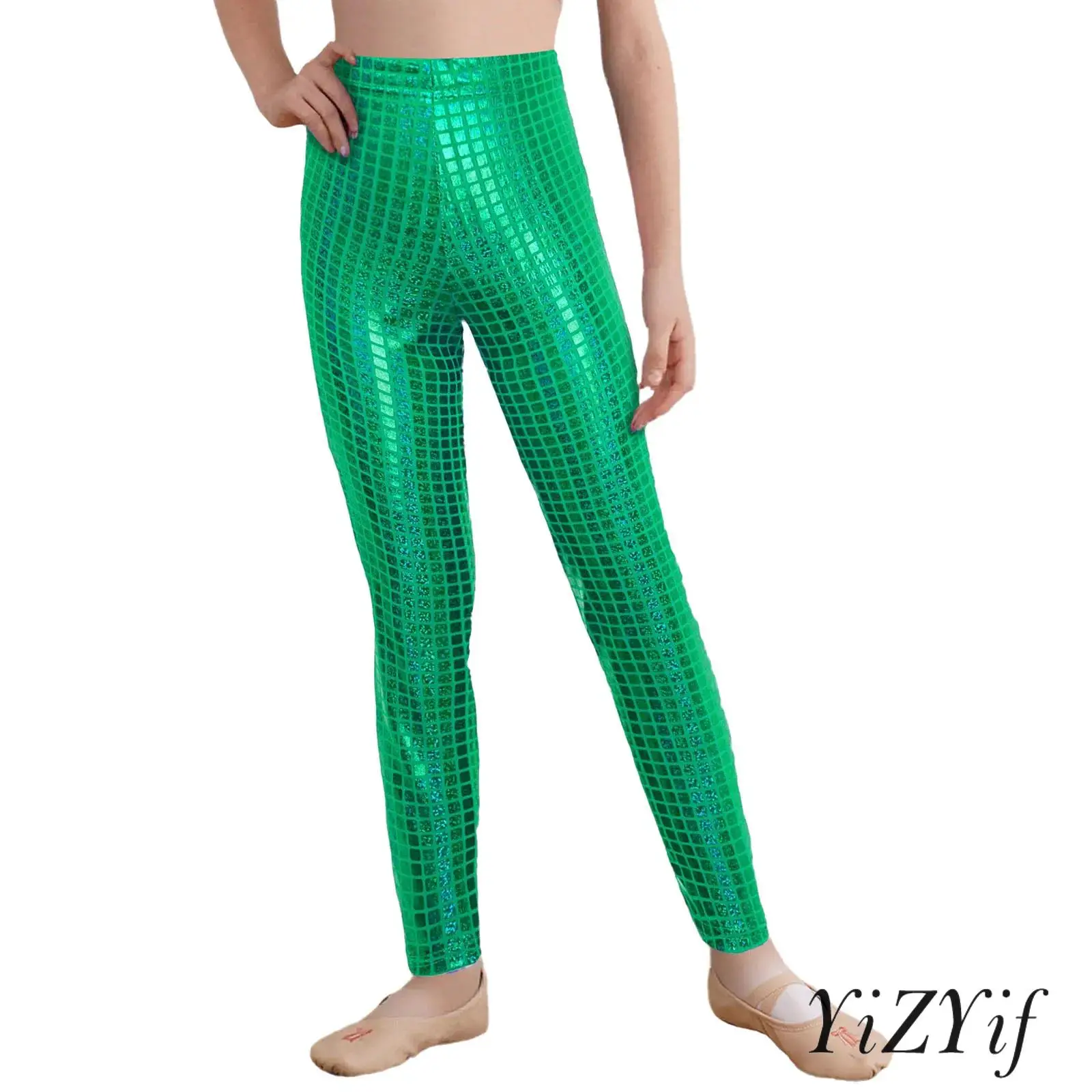 

Kids Girls Boys Cheerleading School Show Unfiform Jazz Stage Performance Costume Metallic Plaid Pants Elastic Waistband Leggings