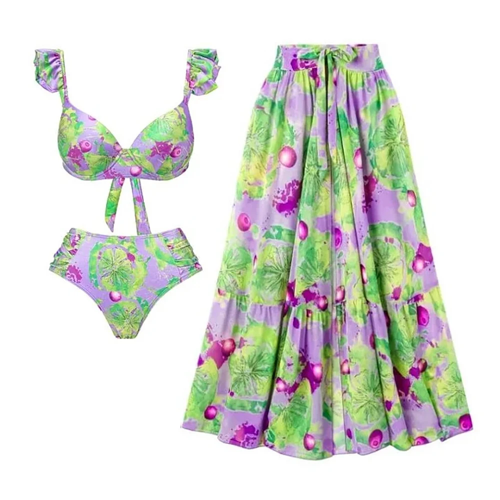 

2023 New Bikini Ruffle Bandage Printed Split Swimsuit and Umbrella Skirt Set High Waist Two-piece Swimwear Beachwear