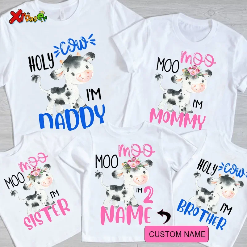 

Birthday T Shirt for Family Matching Outfit Shirt Holy Cow I'm Two Birthday Family TShirt Personalized Name Girl Matching Outfit