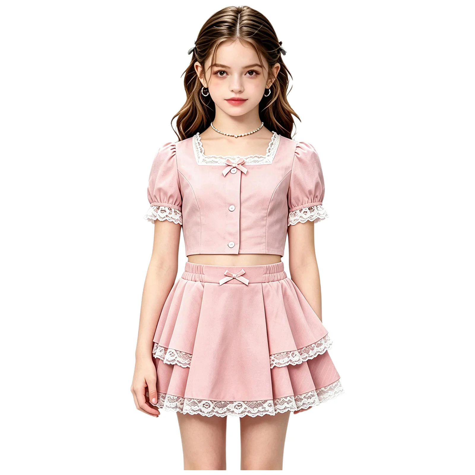 Girls Y2K 2‑Piece Outfit Square Neck Lace Puff Sleeve Crop Top Bow Button Decor Elastic Waist Double Layer Lace Ruffle Skirt