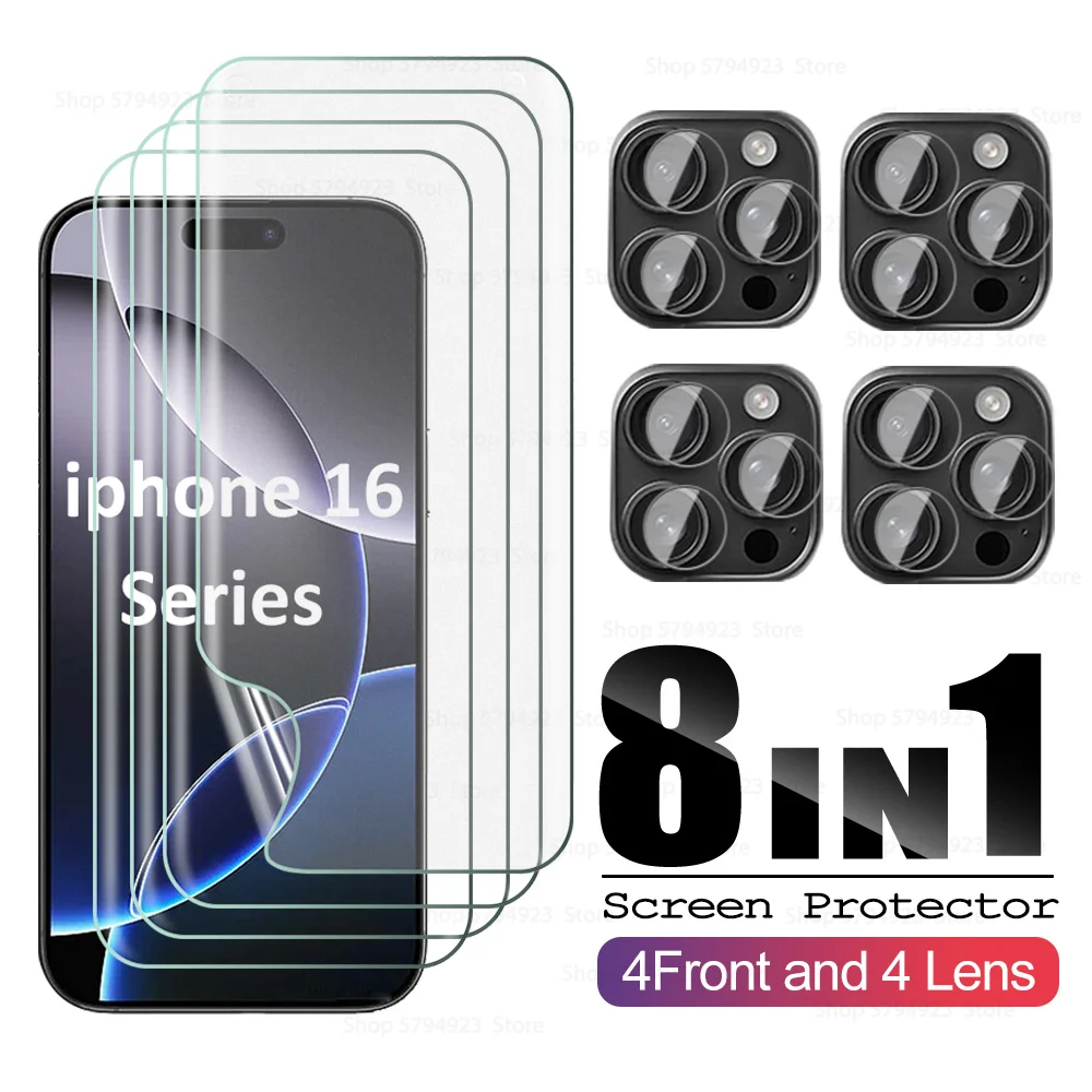 8in1 Screen Protector For iPhone 16 Pro Max 5G Full Glue Hydrogel Film iphone16ProMax 16Plus ProMax Camera Lens Protective Glass