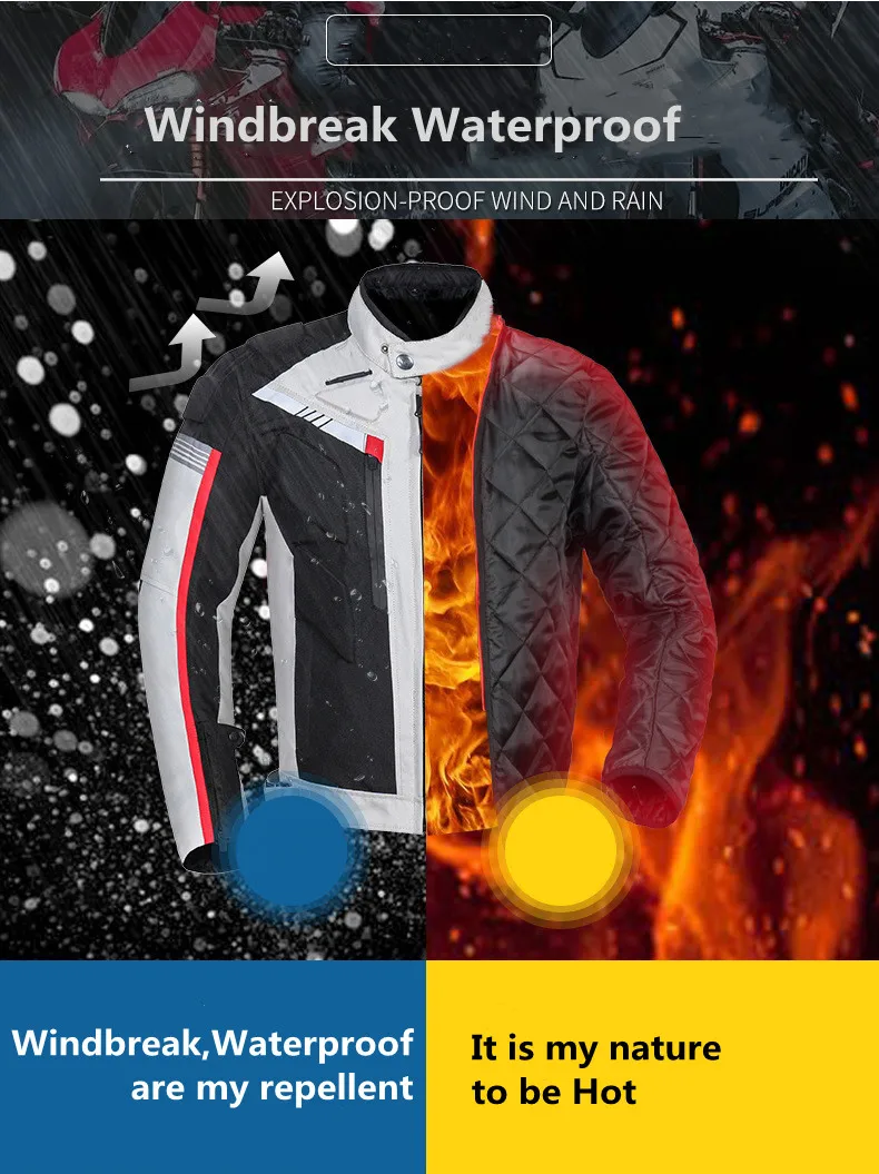 Predný pohľad na motocyklovú bundu Oxford s zapínaním na zips