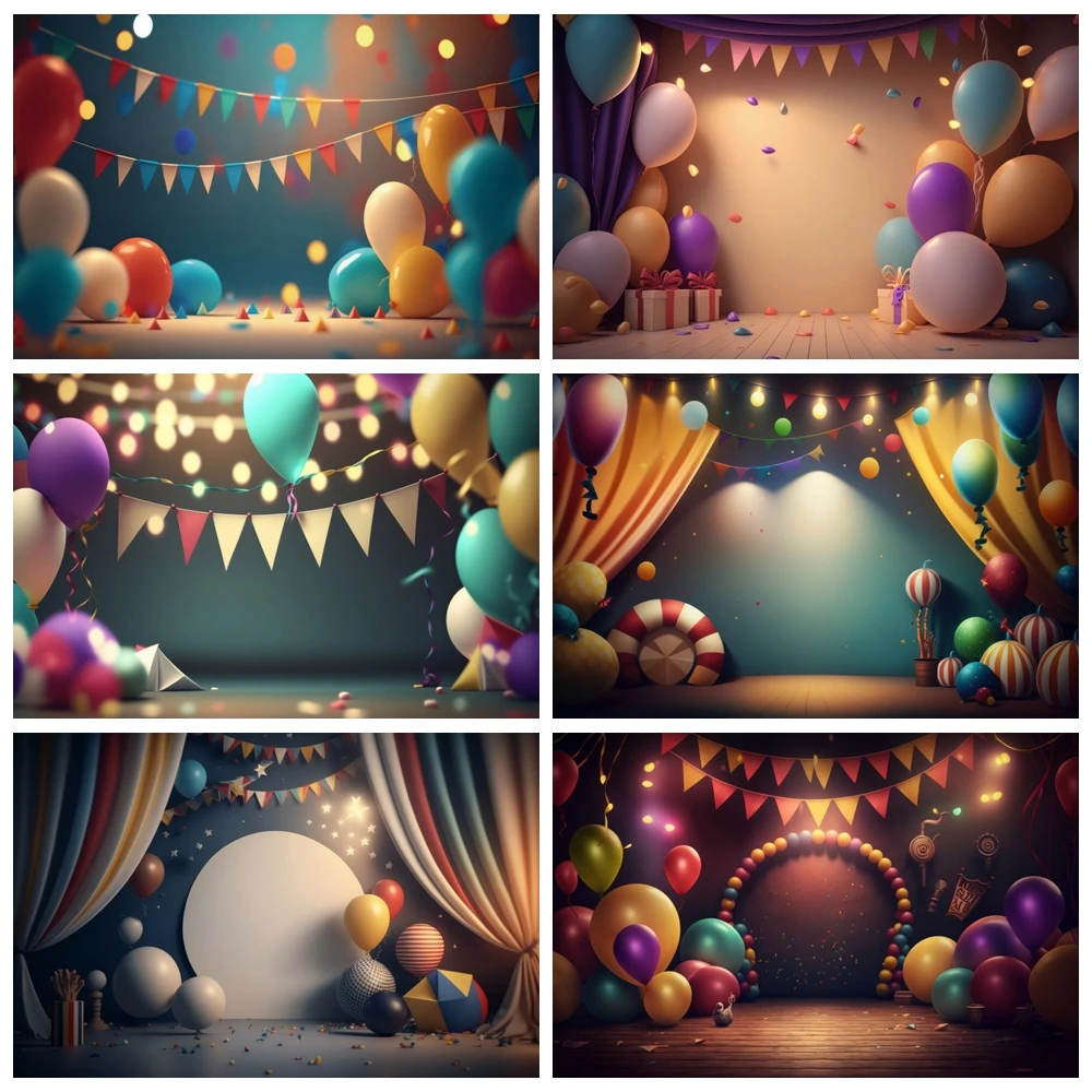 

Happy Birthday 3D Balloon Backdrops Amusement Park Circus Carnival Kids Baby Portrait Photography Background Photo Studio Props