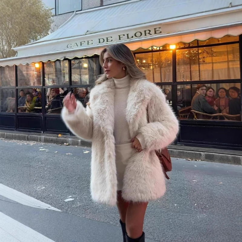 

Furry Coat Women Warm Long Sleeve Loose Jacket Turn Down Collar Cardigan Solid Thick Faux Fur Coats Elegant Autumn Winter