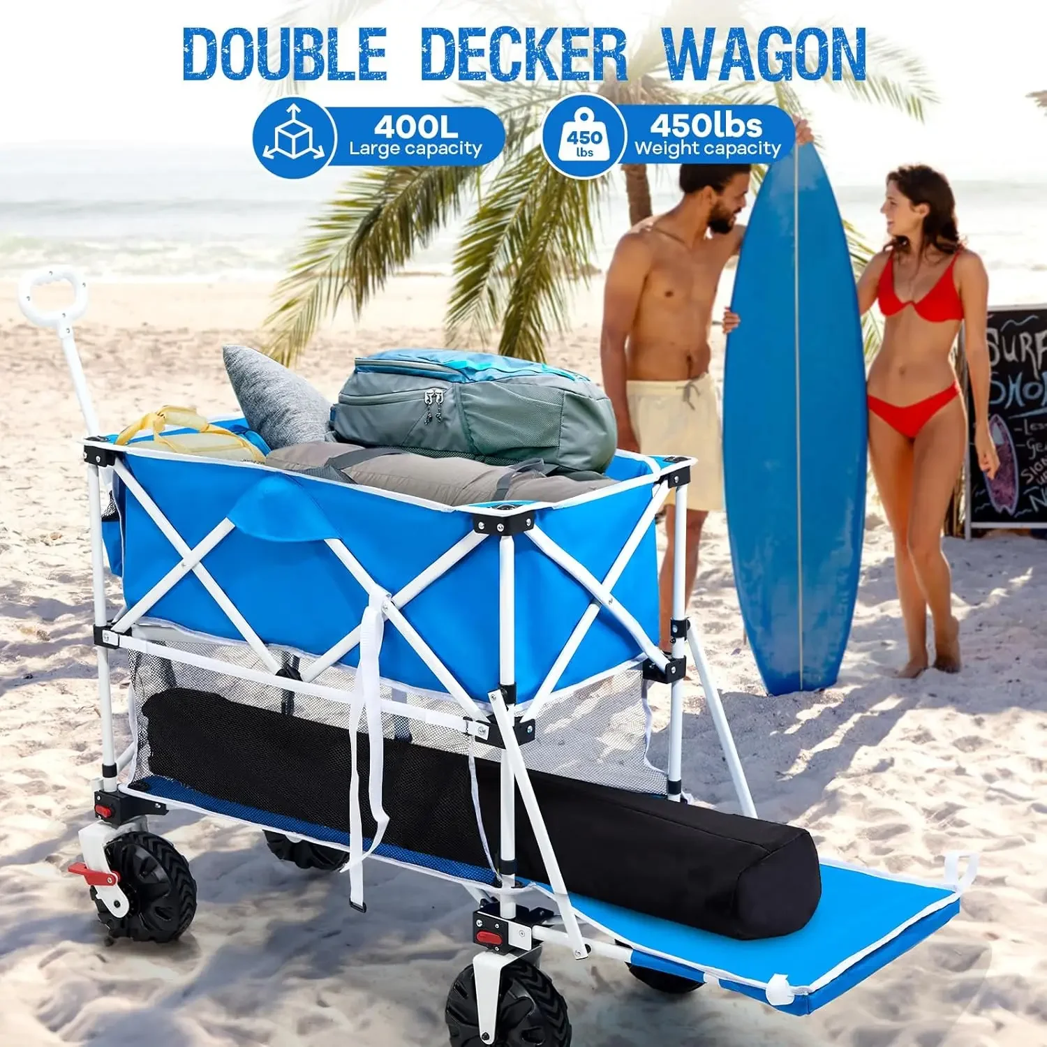 Складной двухэтажный пляжный фургон объемом 400 л с тормозами, складная пляжная тележка с удлиненным палубом 54 дюйма, сверхмощный фургон емкостью 450 фунтов