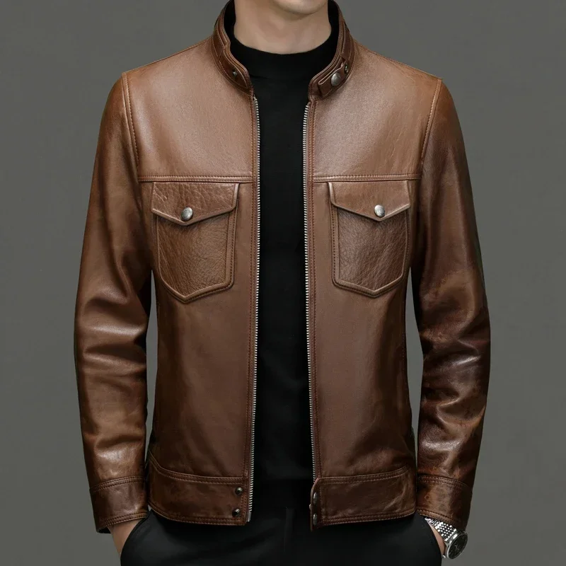 Autumn and Winter New Fashion Business Men's Casual Leather Clothing Out Windproof Trend Stand Collar Jacket Sheepskin Coat