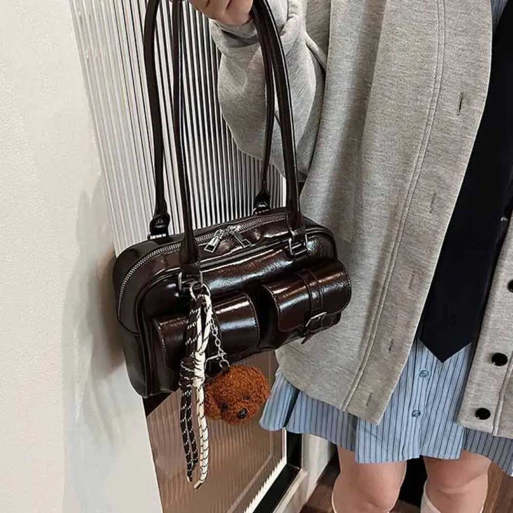 

Mini Korean Style PU Bowling Bag Handbag Solid Color Pocket Boston Tote Bag Minority Design French Style Underarm Bag Portable