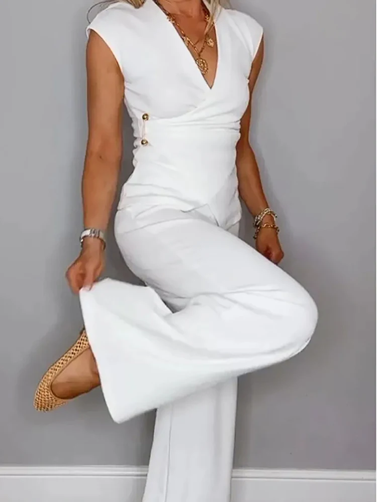 

Casual V-neck Sleeveless Top with Long Pant Suit Women Elegant Draped Commuter 2Pc Outfits Fashion Waist Button Office Solid Set