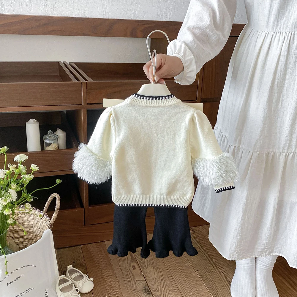 MILANCEL Autumn Baby Clothing Sets 6M-3T Cute Bow Baby Girls Clothes Loose Knit Toddler Sweater +Bell-bottoms Infant Outfit 2PCS