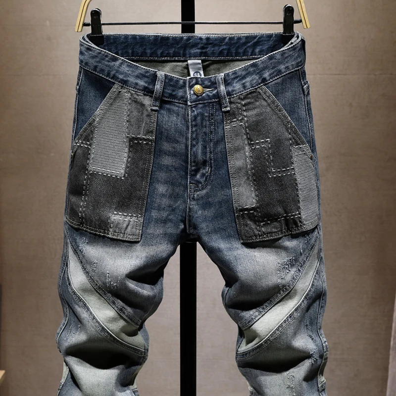 Jeans Pria Perancang Busana Jeans Robek Tambalan Slim Fit Biru Dicuci Retro Celana Denim Antik Y2K Hip Hop Sambungan Pria