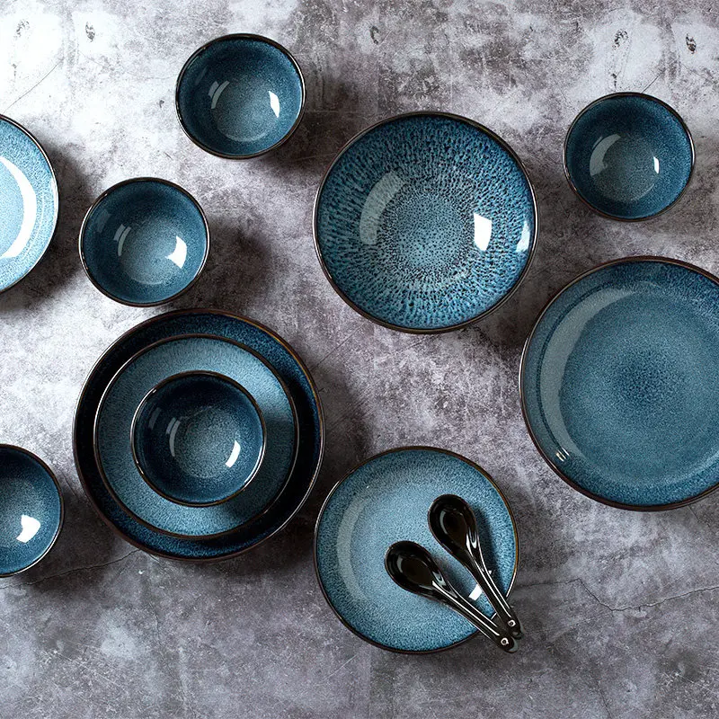 Ceramic dishes set household retro creative personalized rice bowl soup bowl vegetable plate combination microwave oven