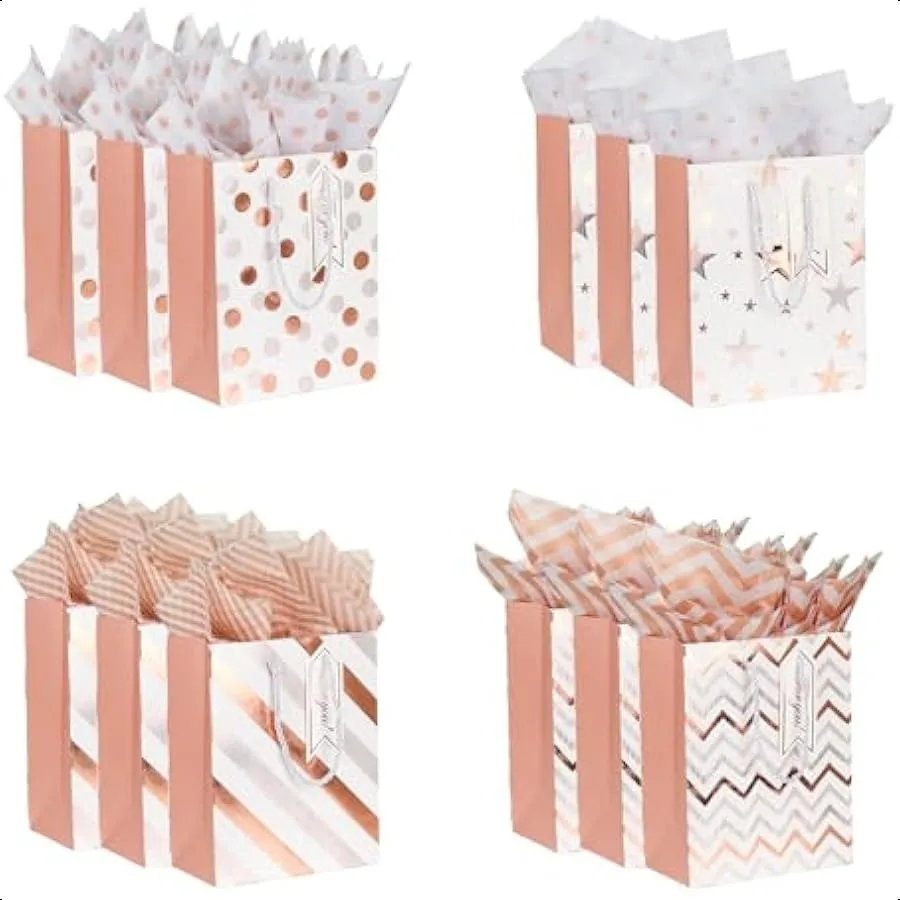 

12pcs 9" Gift Bags Medium Size Paper Bags with Tissue Paper White Gold Wrap Paper Gift Bags with Handles for Shopping Party Wed