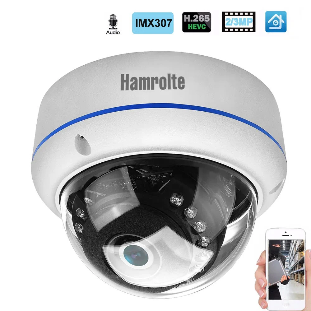 Hamrolte IP Camera H.265 IMX307 UltraLow Illumination 3MP 2MP Vandal-proof Dome Camera Audio Record Motion Detection ONVIF