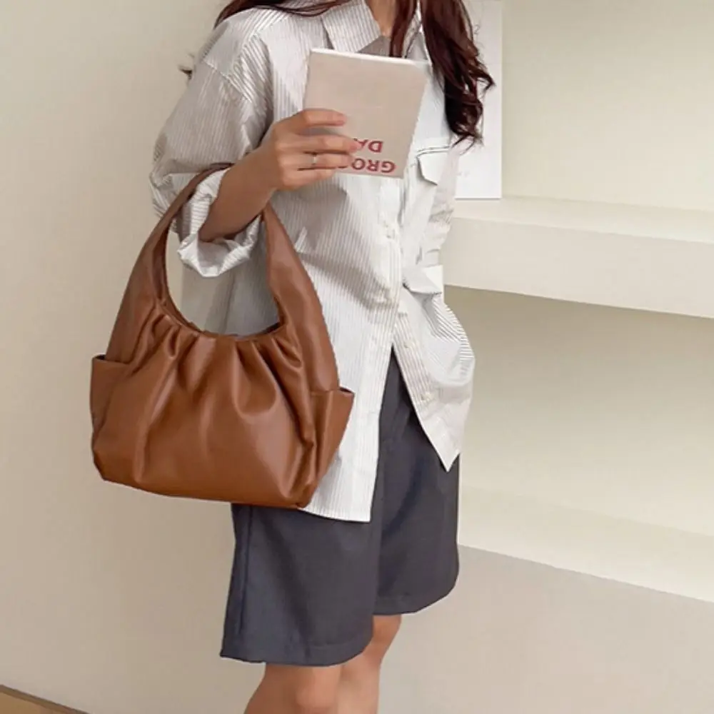 

Korean Style Pleated Handbag Shoulder Bag Crescent Moon Croissant Cloud Bag Underarm Bag Dumpling Bag PU Leather Underarm Bag