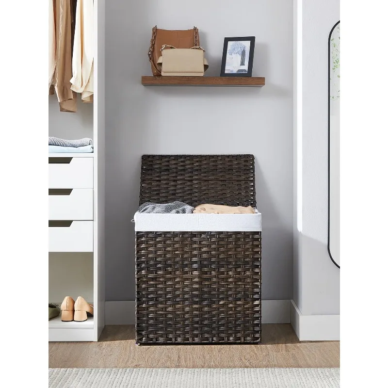 Laundry Hamper With Lid, 110L Clothes Hamper With 2 Removable Liner Bags & 6 Mesh Bags, Wicker Laundry Basket, Double Laundry Hamper For Laundry Room, 13 X 22.4 X 23.6 Inches