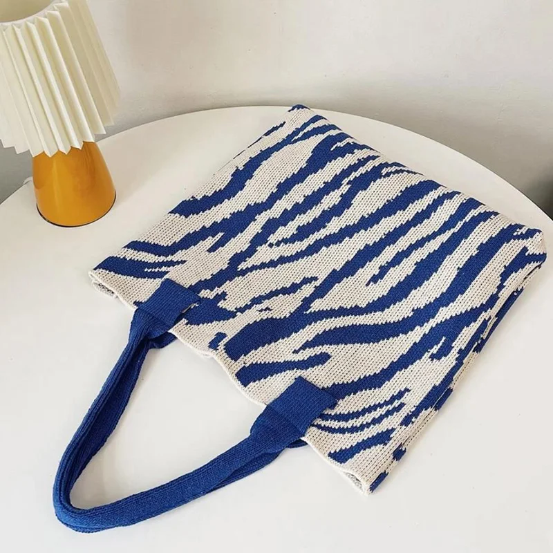 Zebra Print Shoulder Bag Large Contrast Color Striped Tote Cotton Fabric Handwoven Summer Y2K Fashion Black White Canvas Handbag