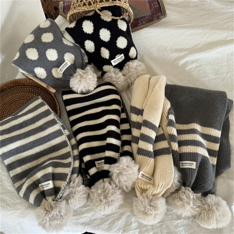 Korea Ins Kids Winter Baby Girls Scarf Cute Wave Point Stripe Hairball Scarves Kawaii Soft Warm Knitted Scarfs  Accesoire 3-15y