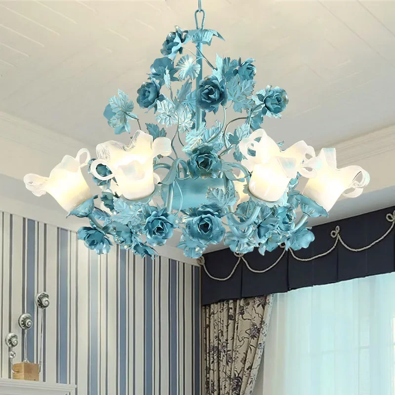 Nordic Mediterranean LED Rose Chandelier Blue Flower Pastoral Ceiling Light for Living Room Bedroom Home Decor Lighting